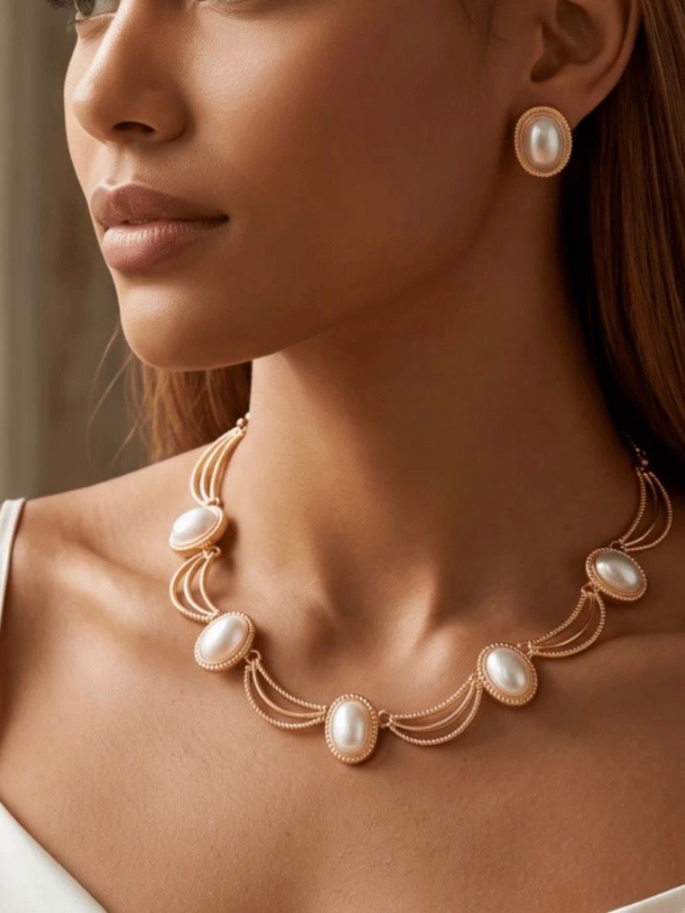 Gold-Tone Pearl Link Necklace and Gold Stud Earrings